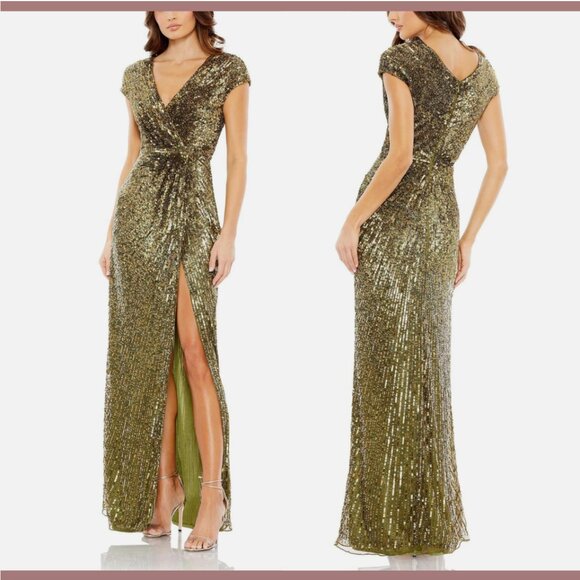 NWT $598 Mac Duggal [ 2 ]‎ Sequined Faux Wrap Cap Sleeve Gown Olive Green #Q714 - Picture 2 of 16